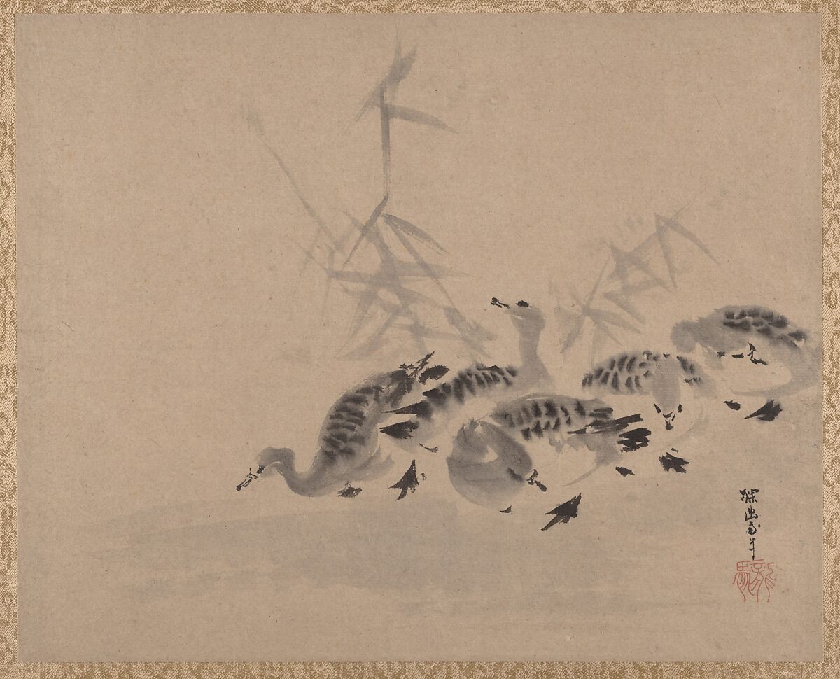 Ducks and Reeds, Kano Tan&#39;yū (Japanese, 1602–1674), Album leaf; ink on paper, Japan 