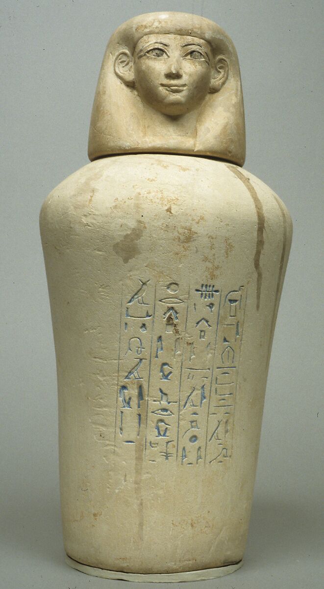 Canopic Jar of Manuwai, Limestone, blue paste