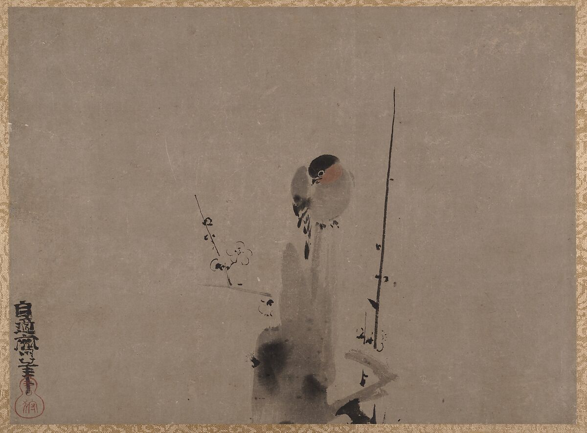 Bird on a Plum Tree, Kano Naonobu (Japanese, 1607–1650), Album leaf; ink and color on paper, Japan 