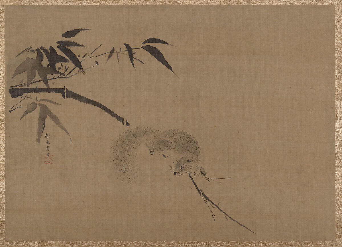 Squirrel on Bamboo, Kano Tan&#39;yū (Japanese, 1602–1674), Album leaf; ink and color on silk, Japan 