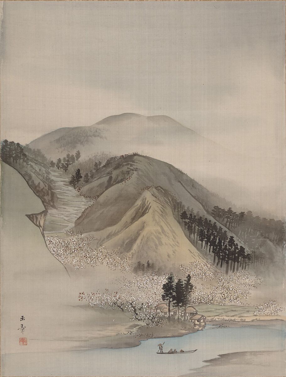 Blossoms by a River, Kawabata Gyokushō (Japanese, 1842–1913), Album leaf; ink and color on silk, Japan 