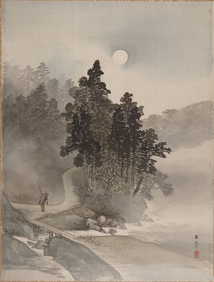 Traveling by Moonlight, Kawabata Gyokushō (Japanese, 1842–1913), Album leaf; ink and color on silk, Japan 