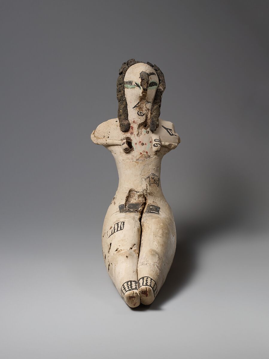 Figurine of a Seated Woman, Limestone, organic material, paint, malachite