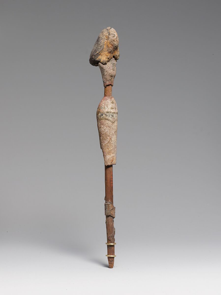 Female figurine on a reed, Wood, sandy mud/clay (?), organic material, paint, linen, reed
