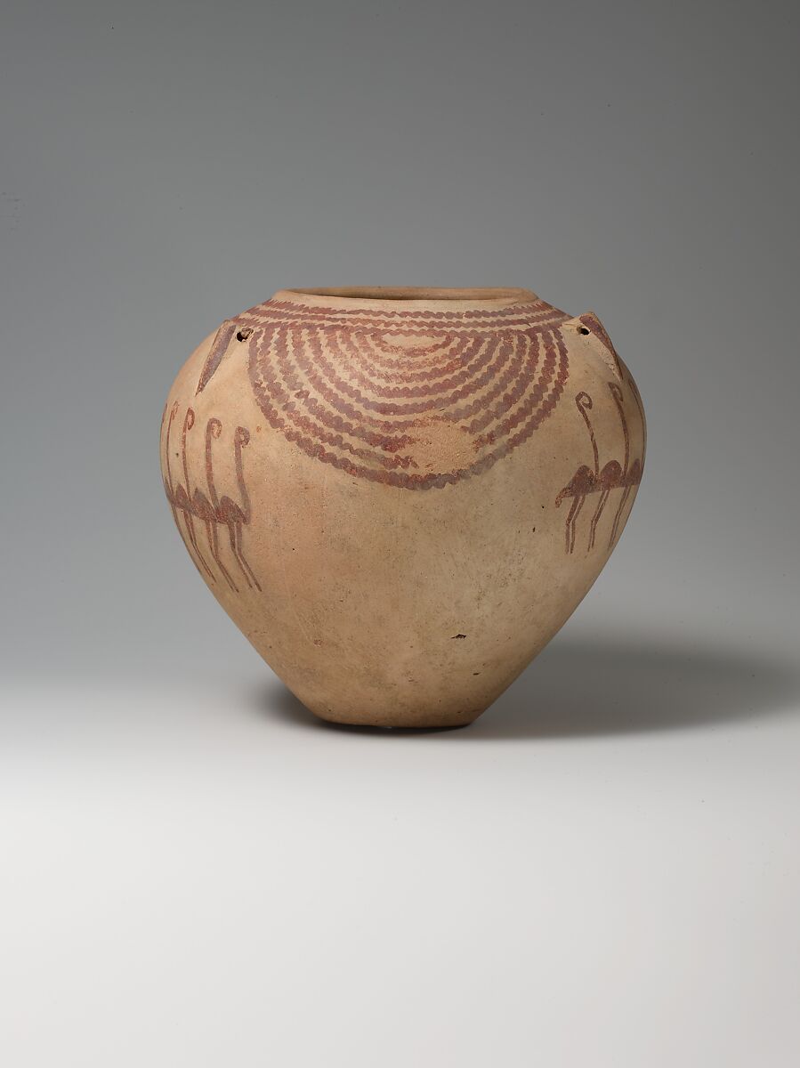 Decoratred ware jar depicting rows of flamingos, Pottery, paint