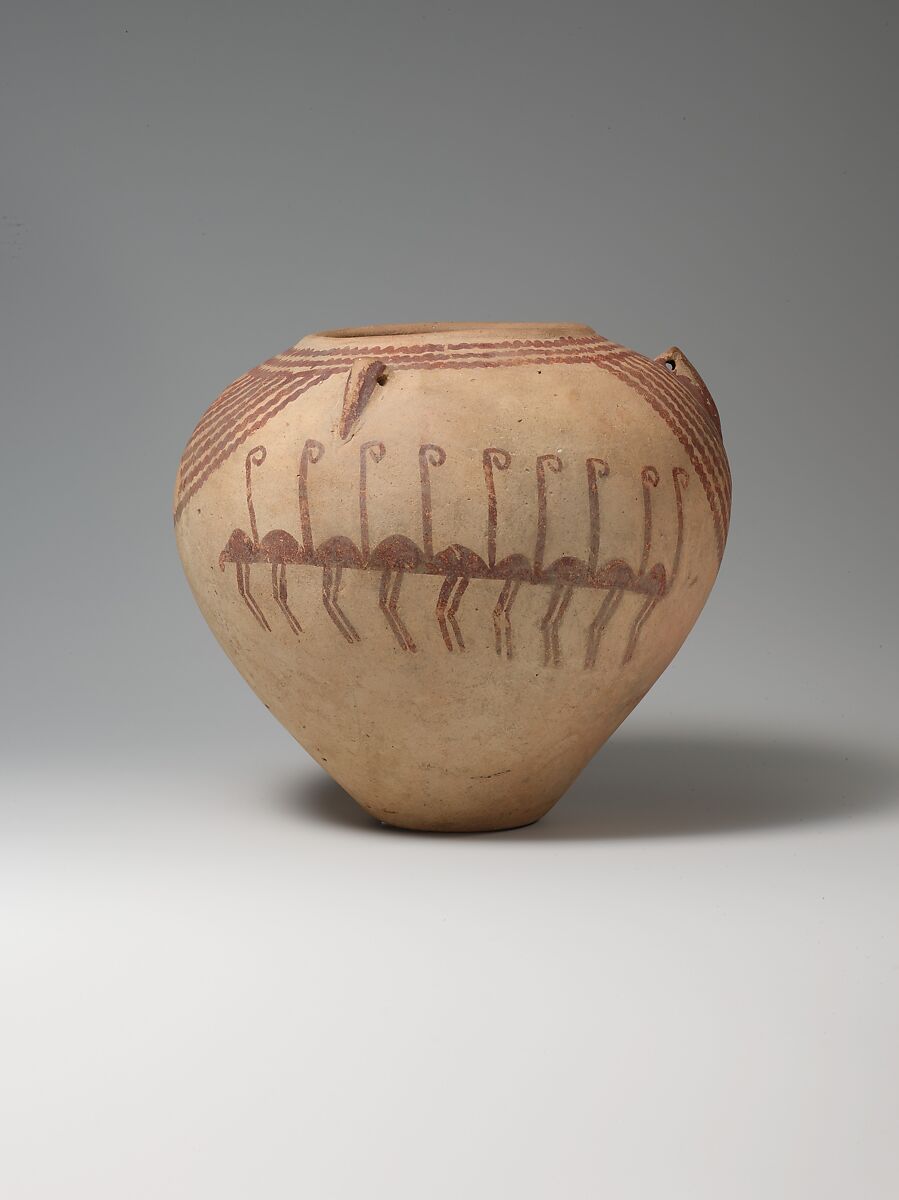 Decoratred ware jar depicting rows of flamingos, Pottery, paint