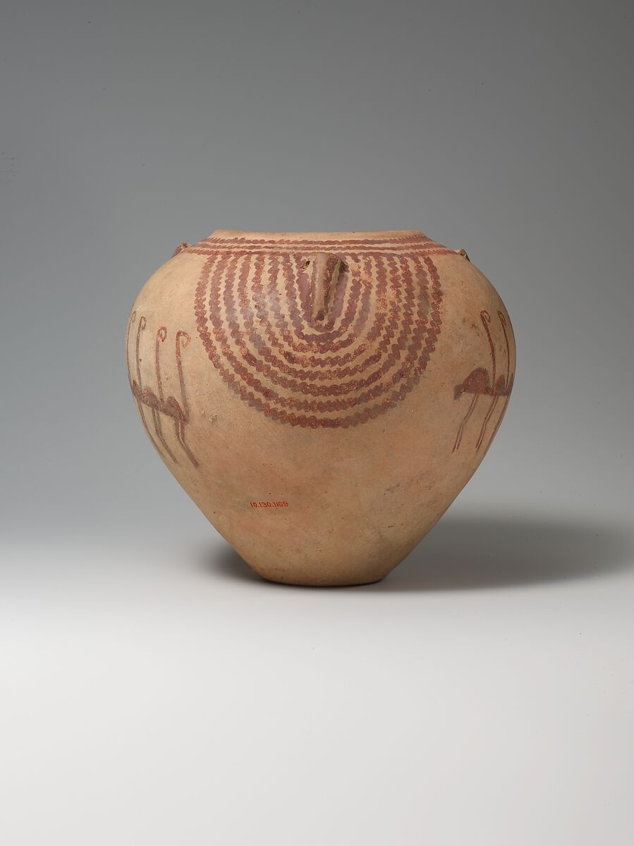 Decoratred ware jar depicting rows of flamingos, Pottery, paint
