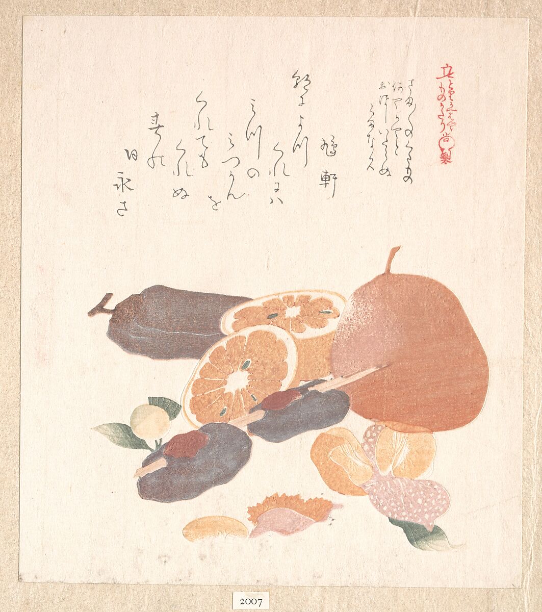 Oranges and Dried Persimmons, Kubo Shunman (Japanese, 1757–1820), Woodblock print (surimono); ink and color on paper, Japan 