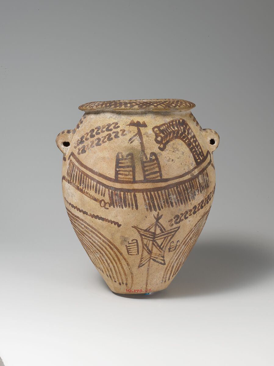 Decorated ware jar illustrating boats and trees, Pottery, paint 