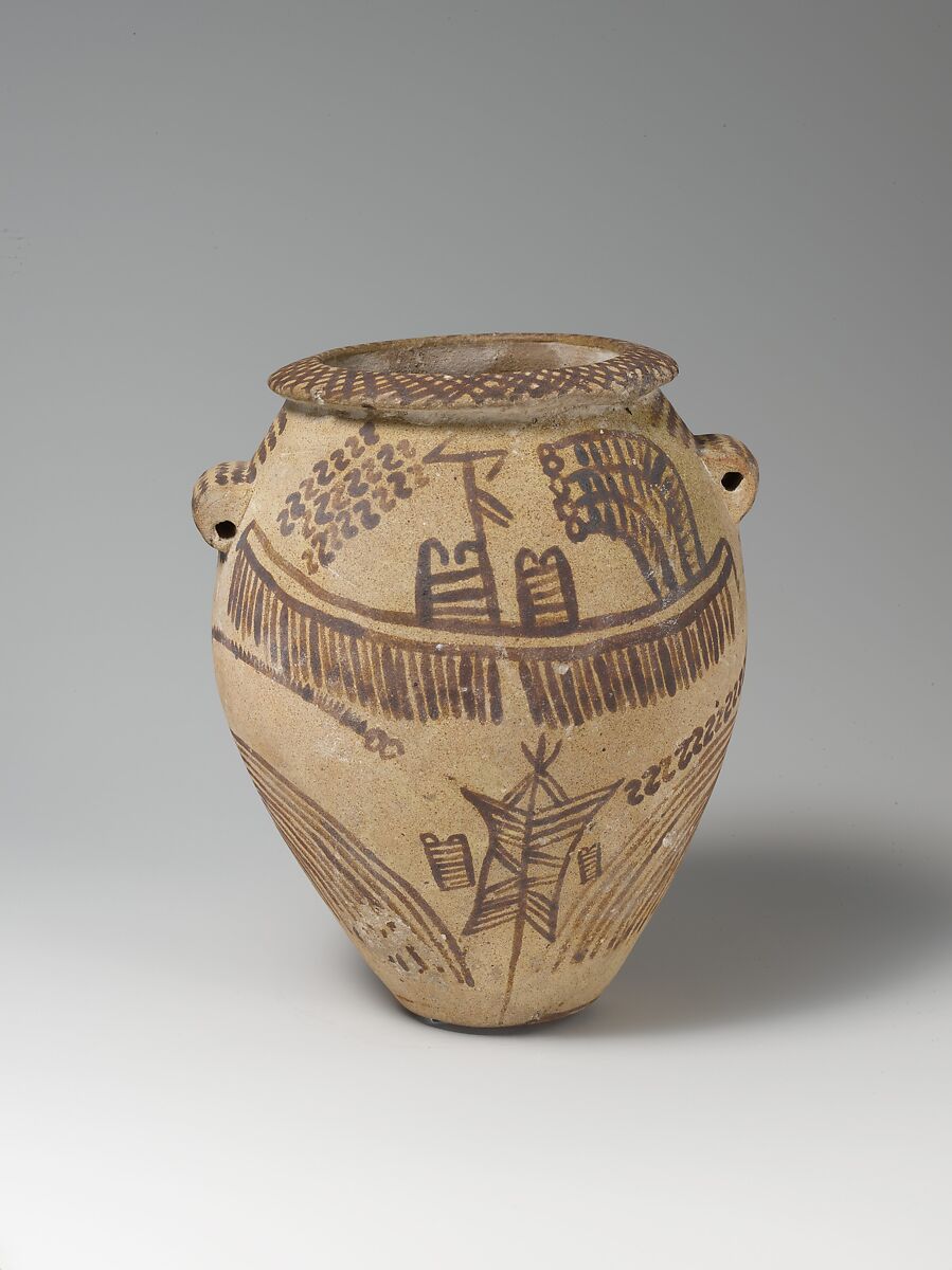 Decorated ware jar illustrating boats and trees, Pottery, paint