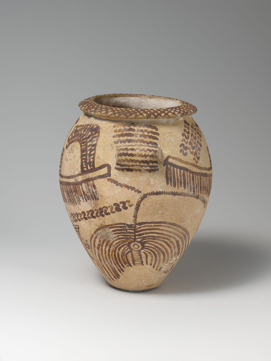 Decorated ware jar illustrating boats and trees, Pottery, paint