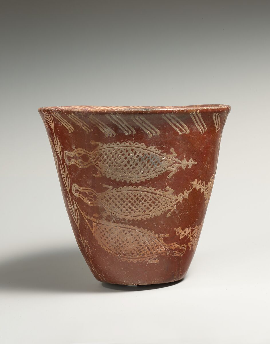 White cross-lined ware beaker with Nile River scene, Pottery, paint