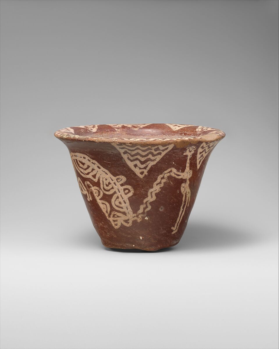 White cross-lined ware bowl illustrating a hippo hunt, Pottery, paint