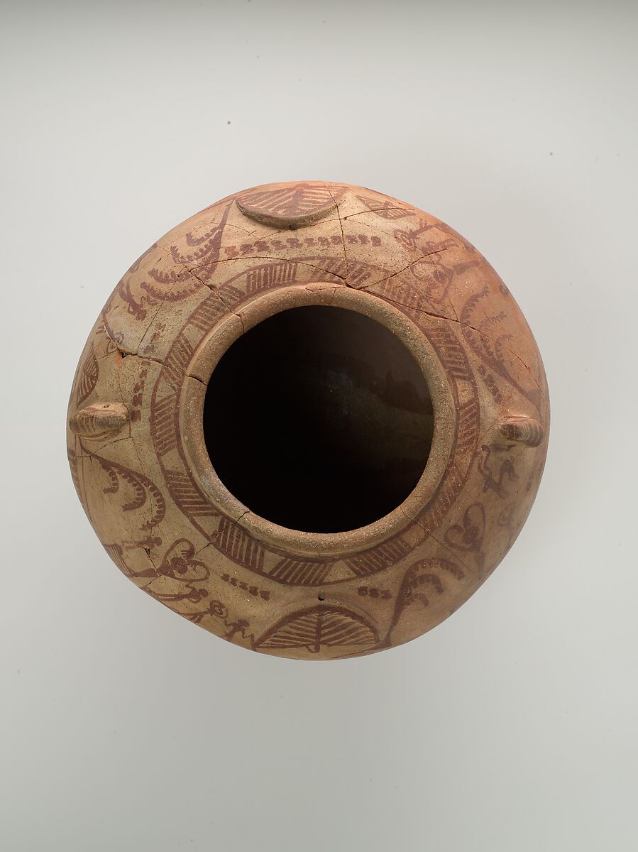 Decorated ware jar with boats and human figures and falcon-styled lugs, Pottery, paint