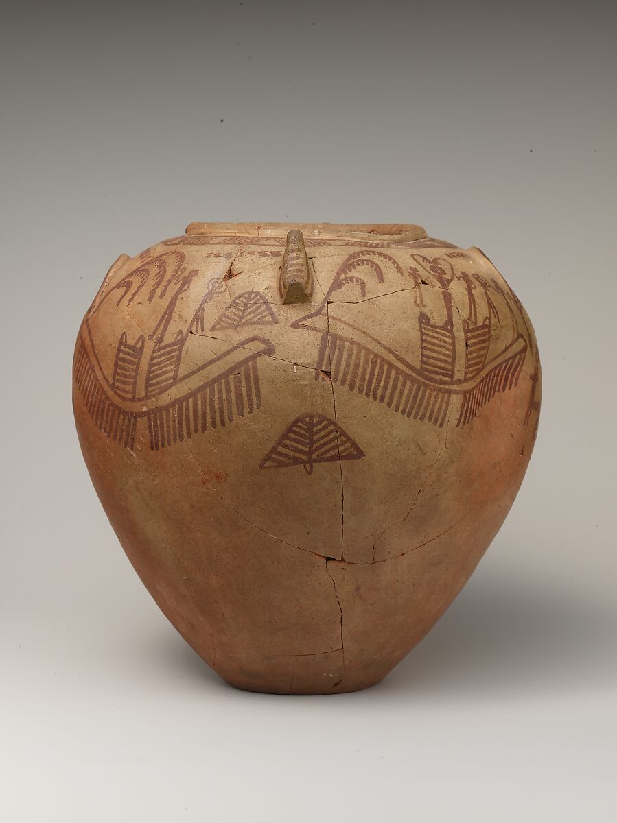 Decorated ware jar with boats and human figures and falcon-styled lugs, Pottery, paint