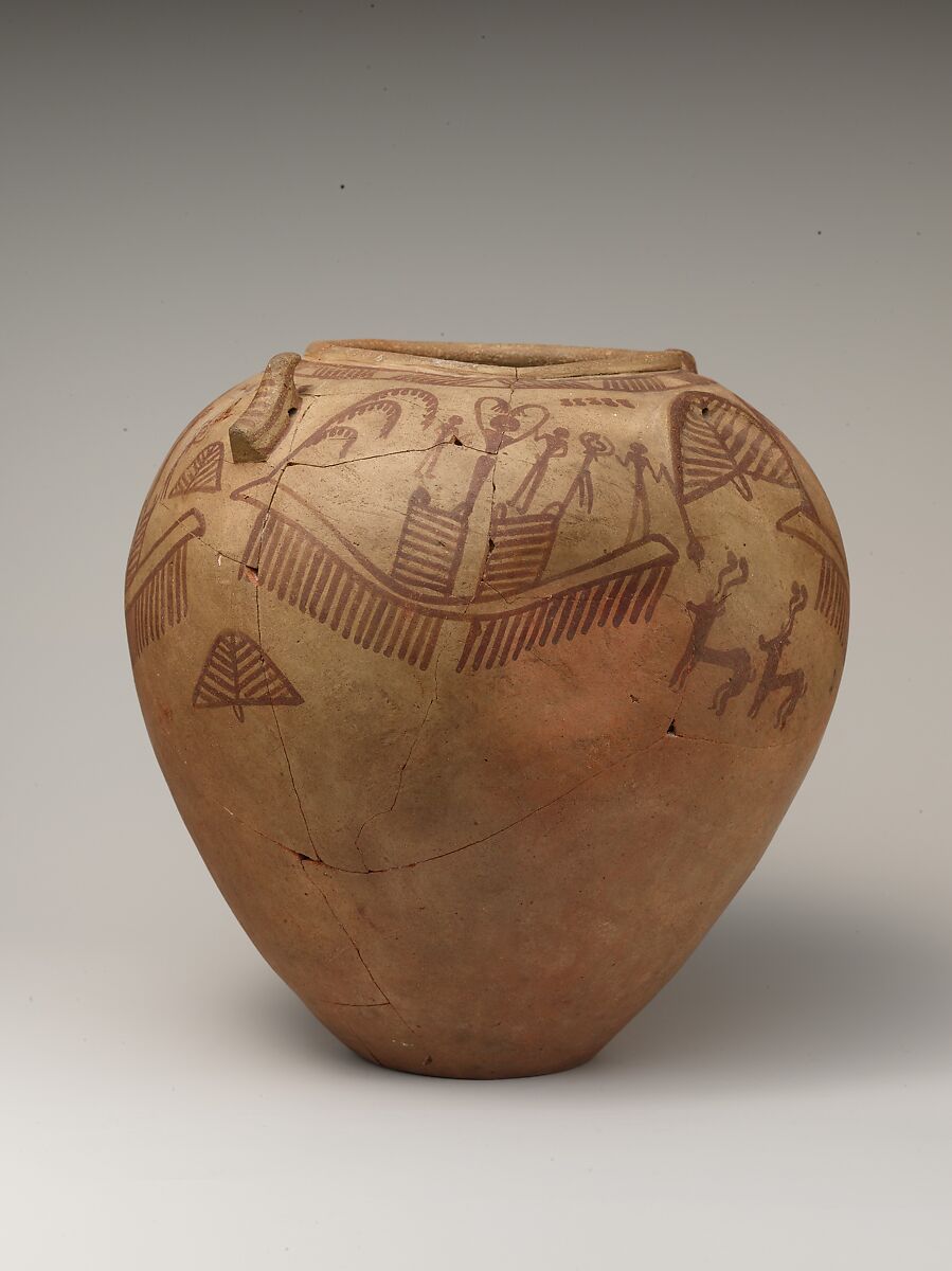 Decorated ware jar with boats and human figures and falcon-styled lugs, Pottery, paint