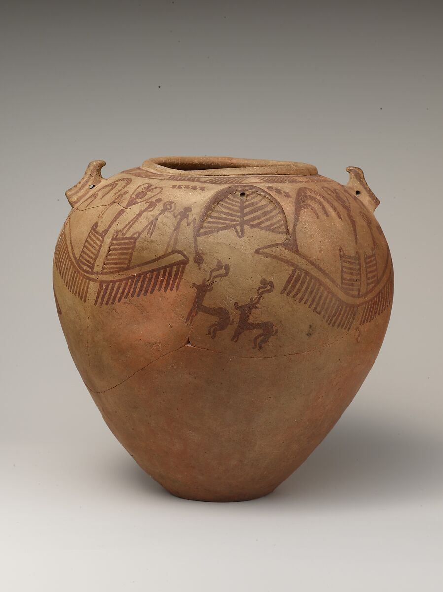 Decorated ware jar with boats and human figures and falcon-styled lugs, Pottery, paint