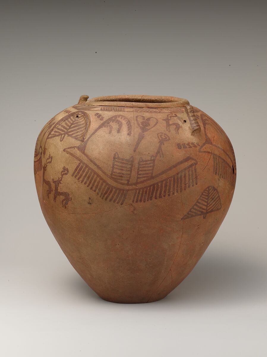 Decorated ware jar with boats and human figures and falcon-styled lugs, Pottery, paint