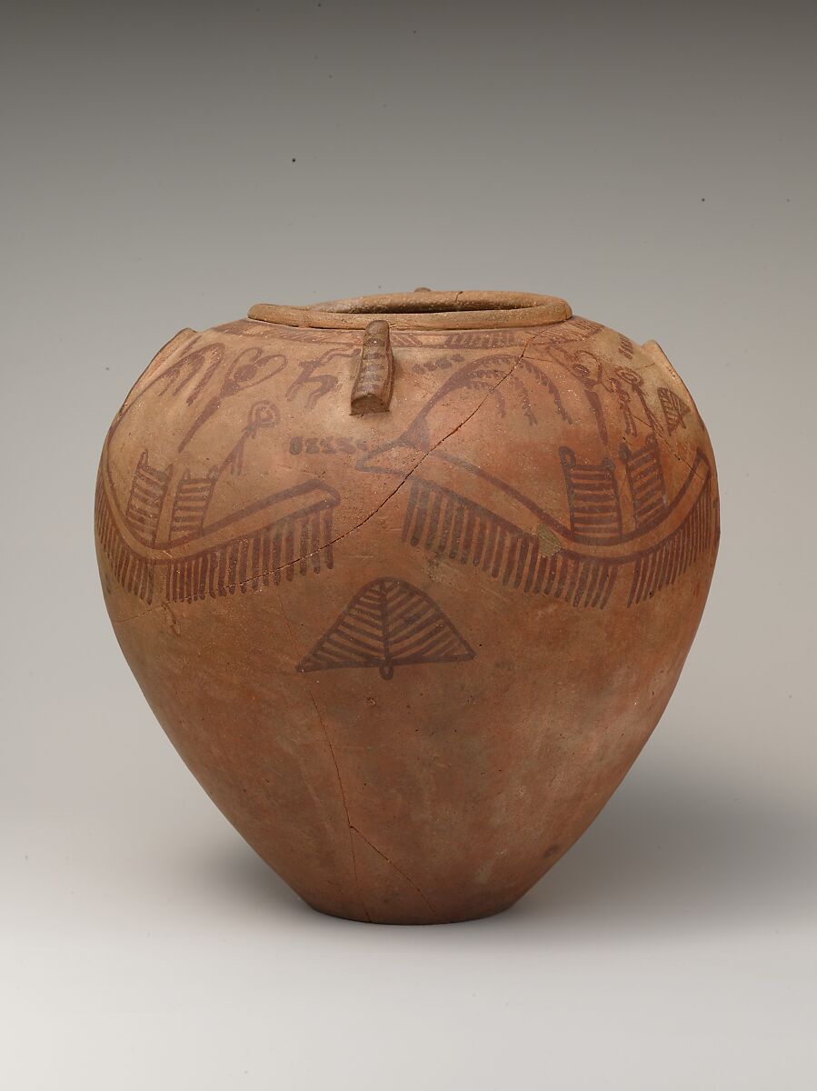Decorated ware jar with boats and human figures and falcon-styled lugs, Pottery, paint