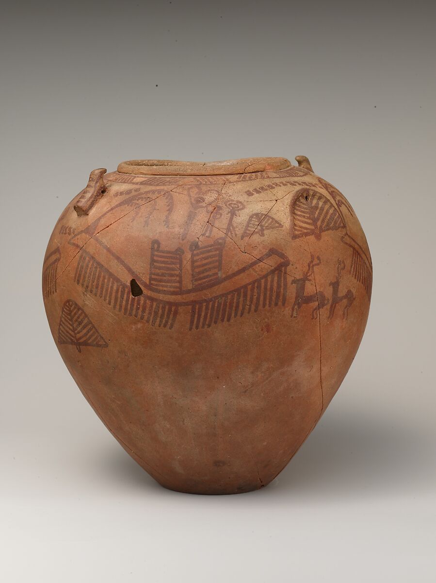 Decorated ware jar with boats and human figures and falcon-styled lugs, Pottery, paint