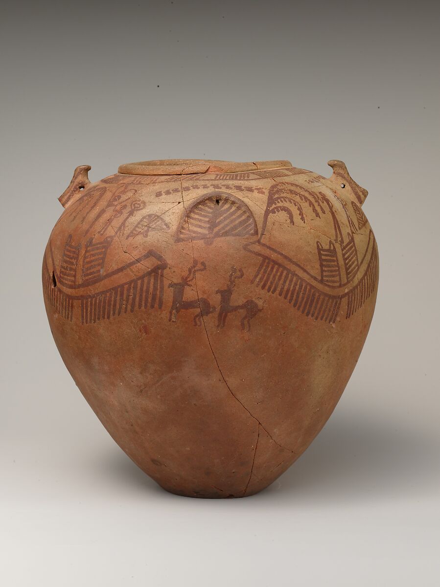 Decorated ware jar with boats and human figures and falcon-styled lugs, Pottery, paint