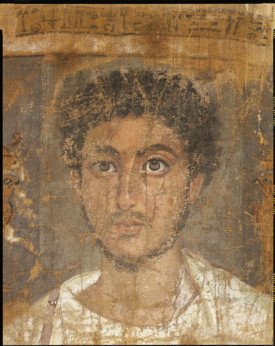 Fragmentary Shroud with a Bearded Young Man, Linen, tempera paint