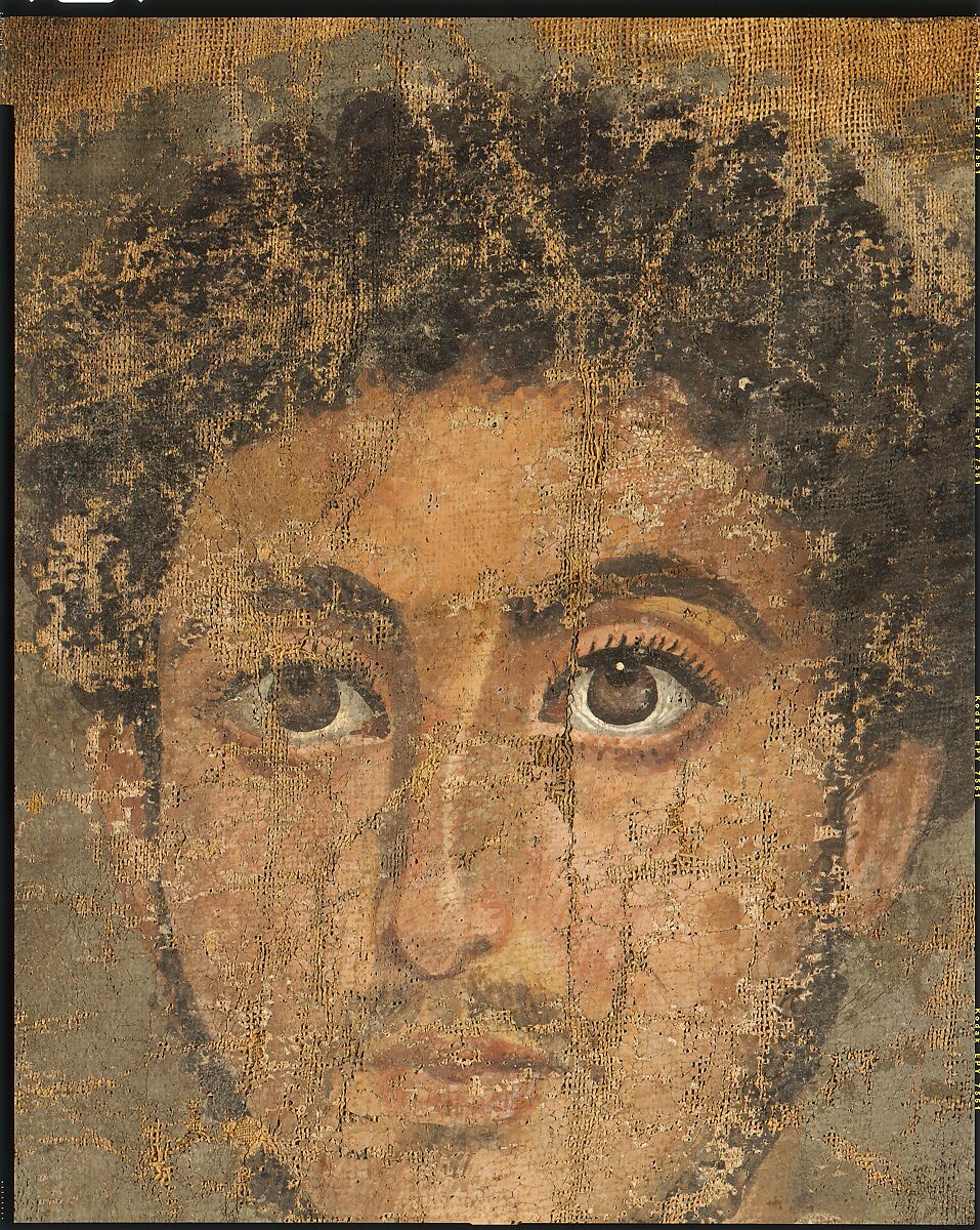 Fragmentary Shroud with a Bearded Young Man, Linen, tempera paint