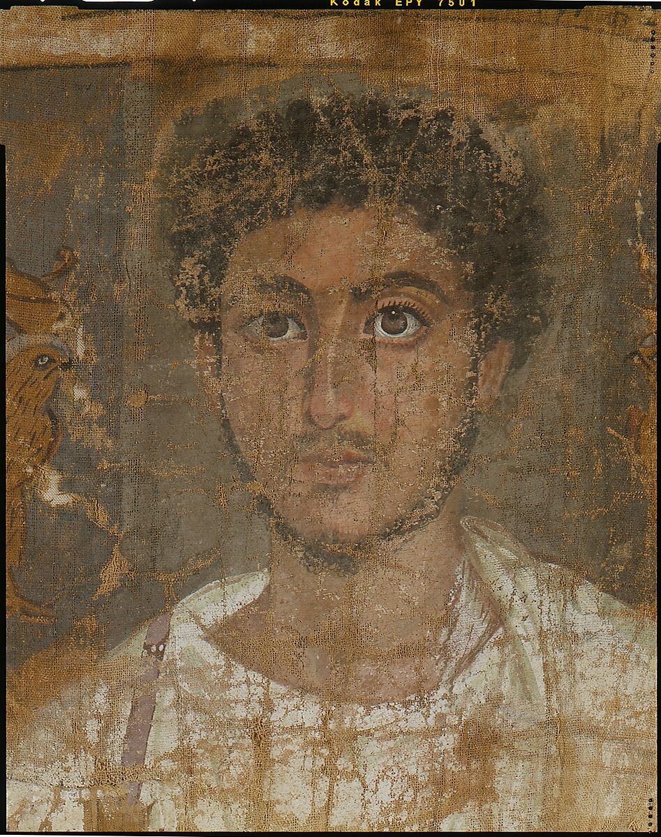 Fragmentary Shroud with a Bearded Young Man, Linen, tempera paint