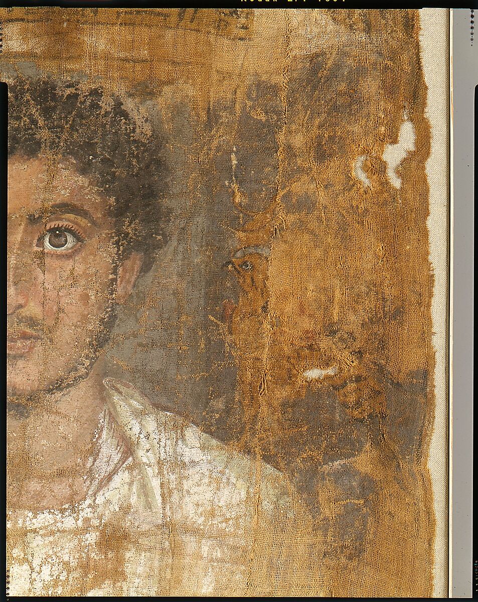 Fragmentary Shroud with a Bearded Young Man, Linen, tempera paint