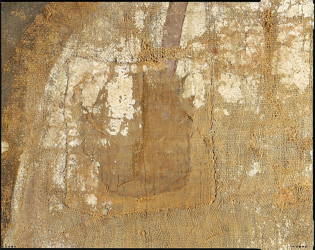 Fragmentary Shroud with a Bearded Young Man, Linen, tempera paint