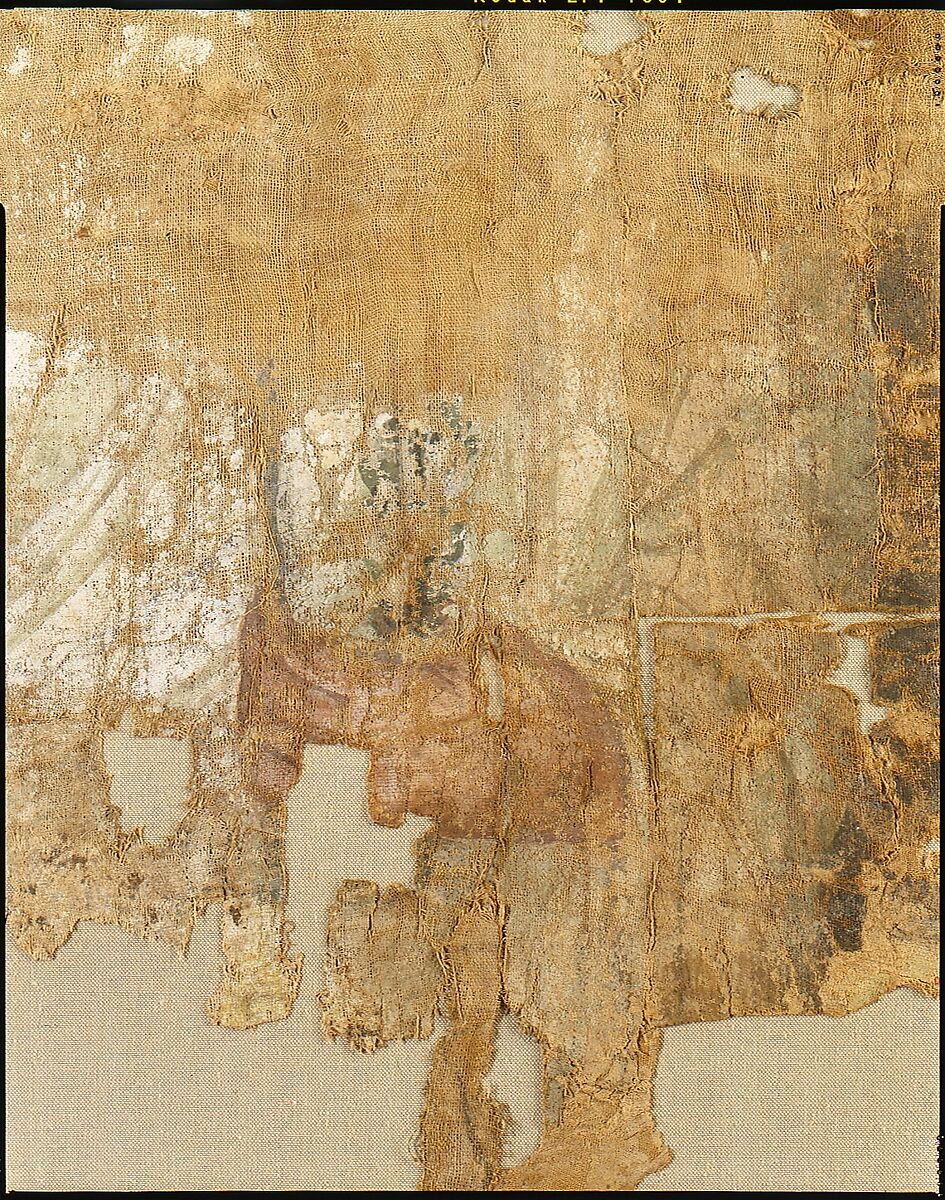 Fragmentary Shroud with a Bearded Young Man, Linen, tempera paint