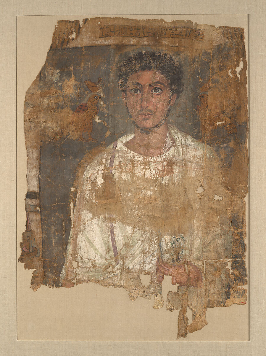 Fragmentary Shroud with a Bearded Young Man, Linen, tempera paint