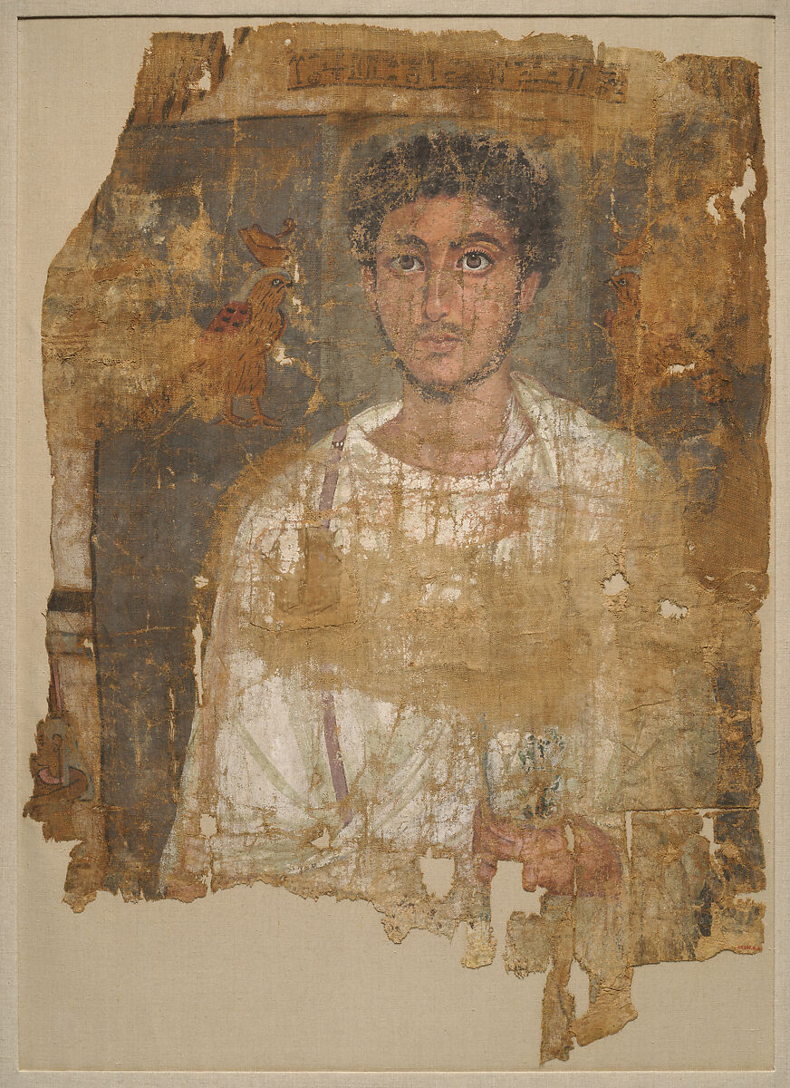 Fragmentary Shroud with a Bearded Young Man, Linen, tempera paint 