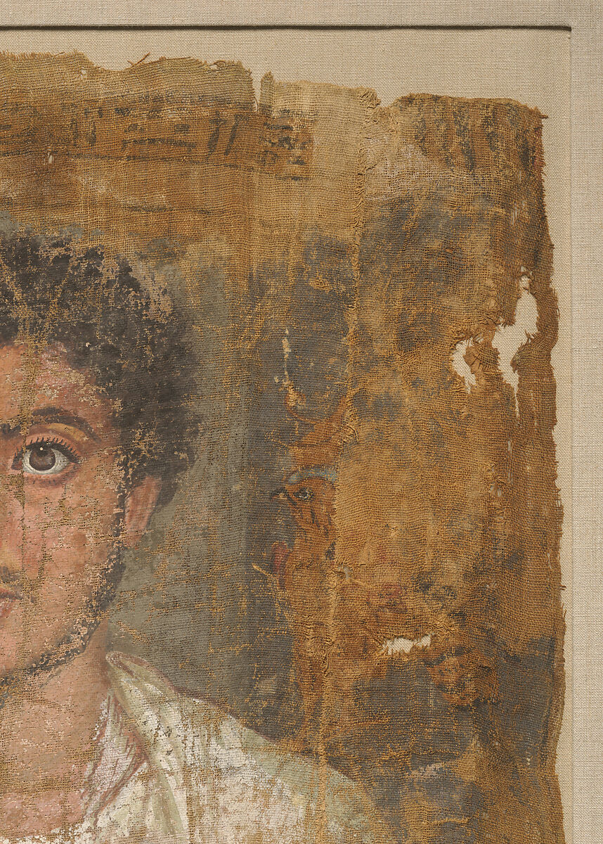 Fragmentary Shroud with a Bearded Young Man, Linen, tempera paint