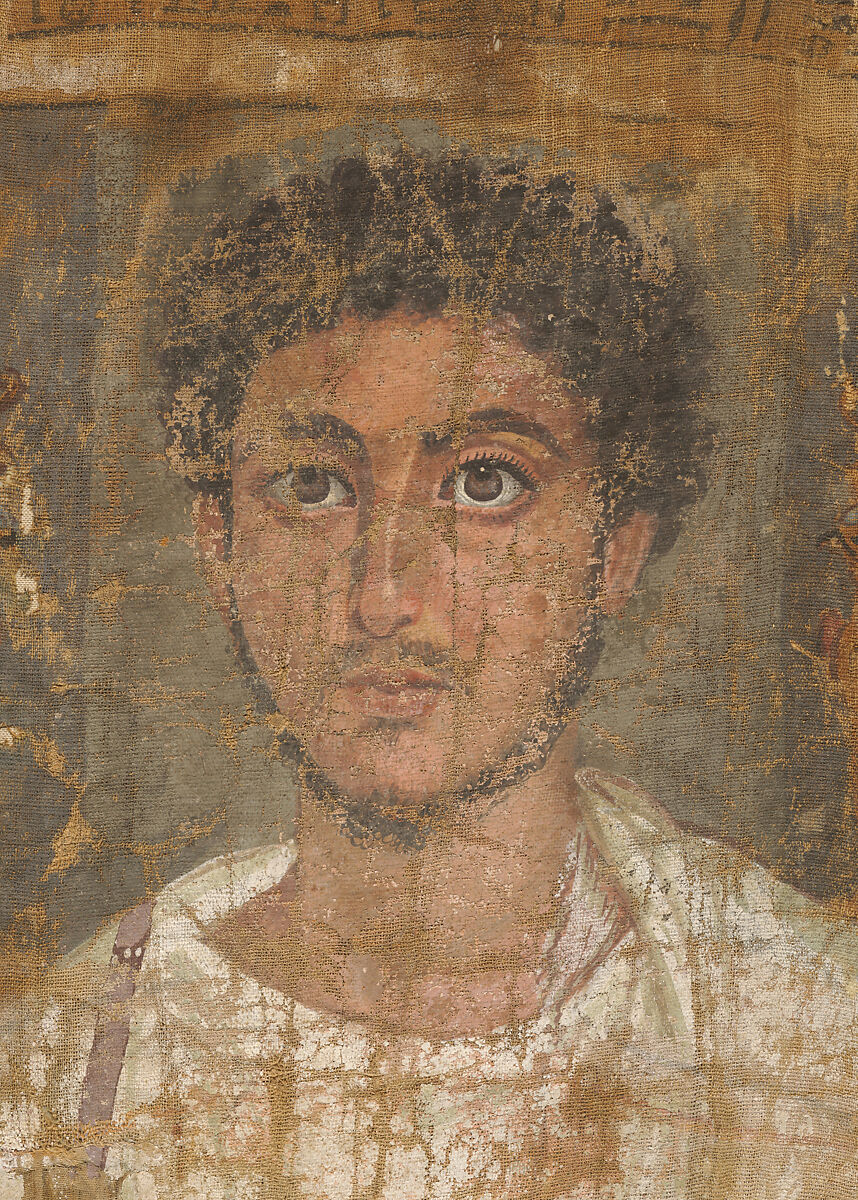 Fragmentary Shroud with a Bearded Young Man, Linen, tempera paint