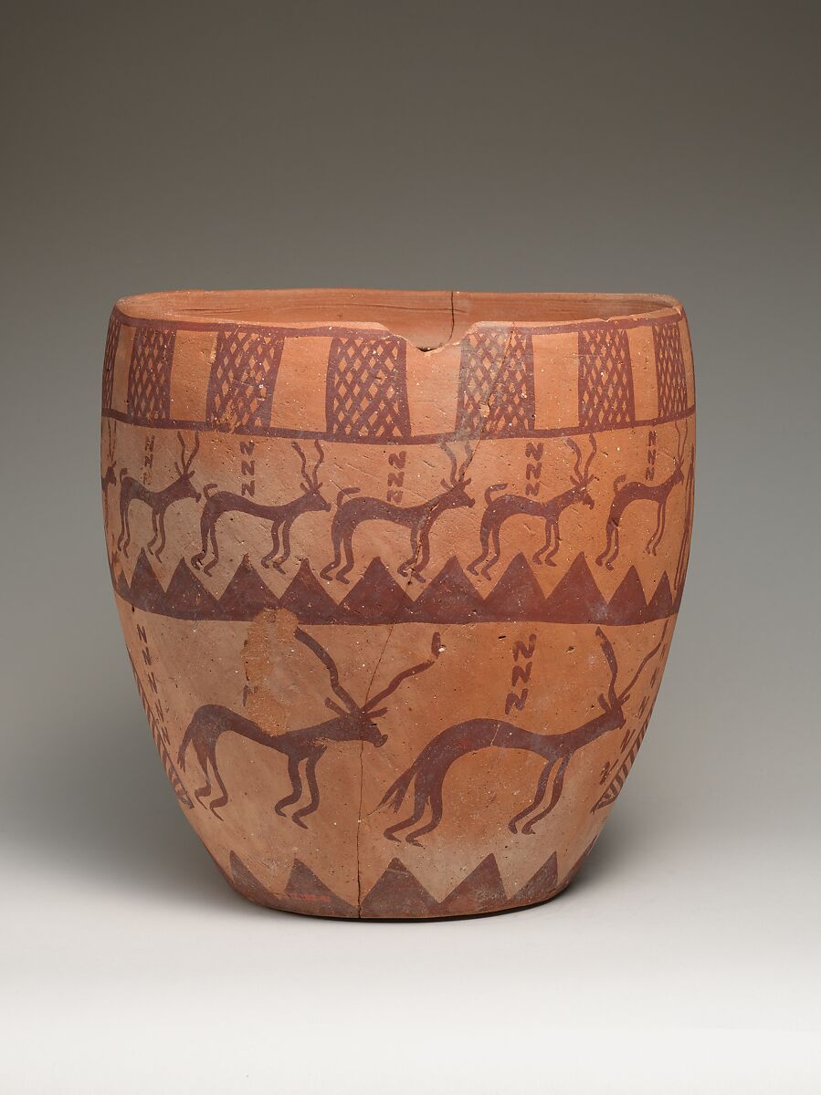 Deep bowl depicting people, animals, and plants, Pottery, paint