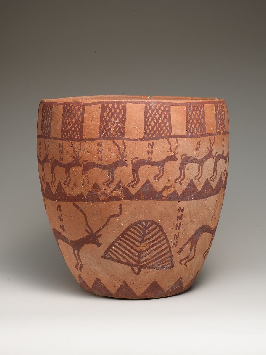 Deep bowl depicting people, animals, and plants, Pottery, paint