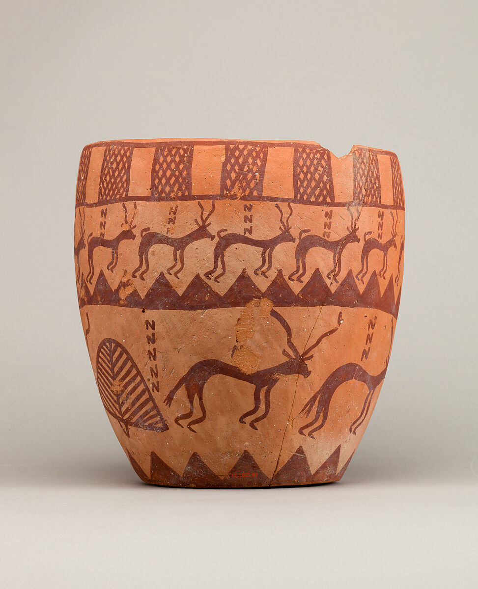Deep bowl depicting people, animals, and plants, Pottery, paint