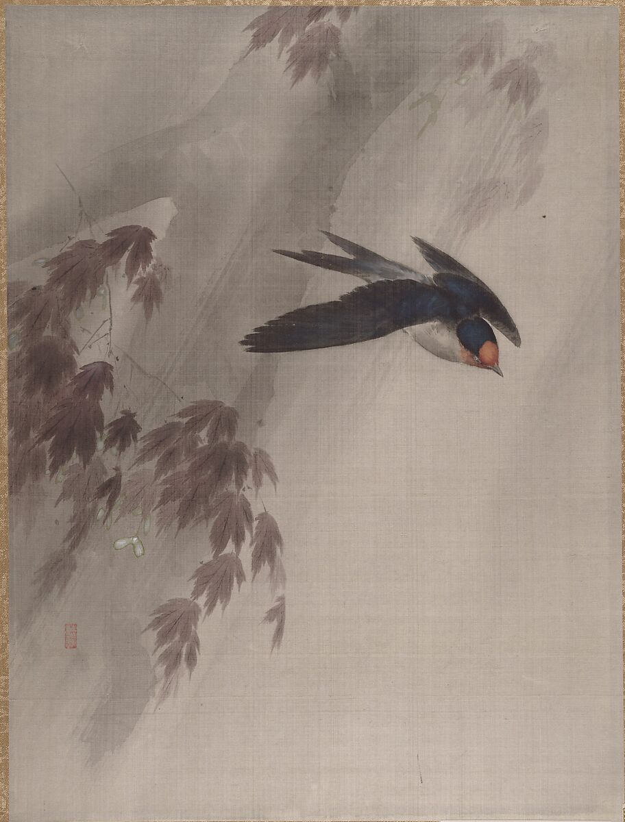 A Swallow in the Rain, Okada Baison (Japanese, 1864–1913), Album leaf; ink and color on silk, Japan 