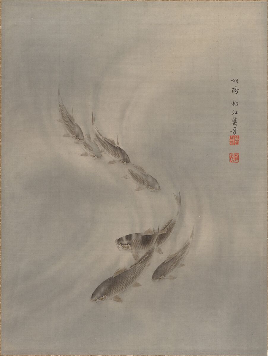 School of Fishes, Seki Shūkō (Japanese, 1858–1915), Album leaf; ink and color on silk, Japan 