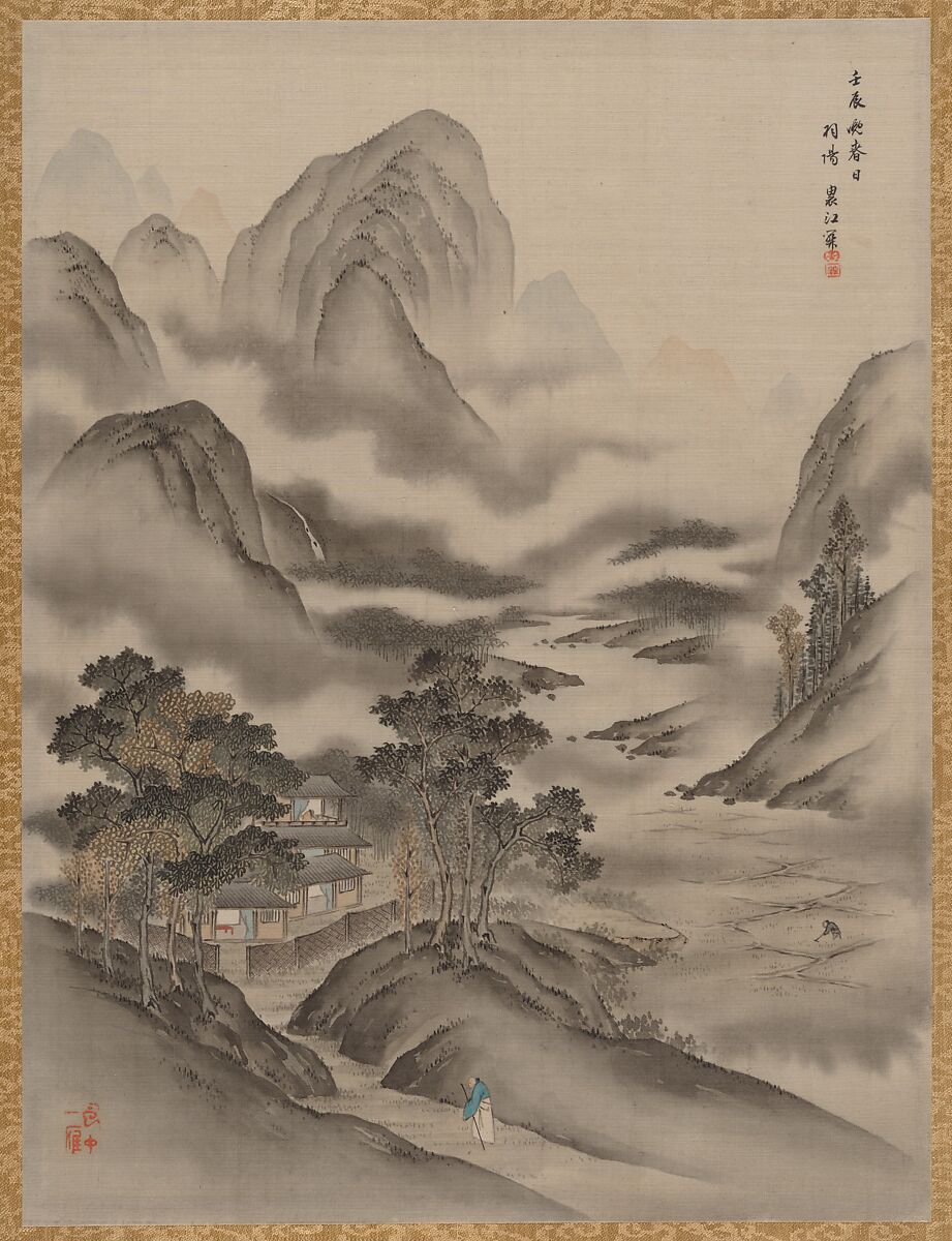 Visiting a Friend, Seki Shūkō (Japanese, 1858–1915), Album leaf; ink and color on silk, Japan 