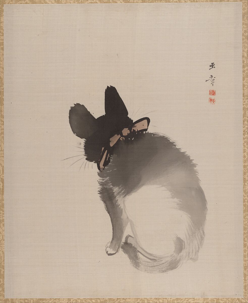 Cat Seen from Behind, Kawabata Gyokushō (Japanese, 1842–1913), Album leaf; ink and color on silk, Japan 