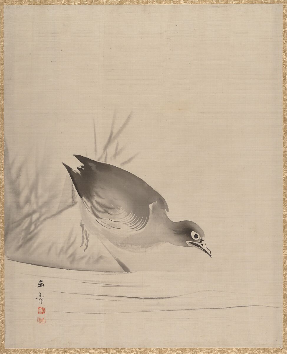 Bird at the Water's Edge, Kawabata Gyokushō (Japanese, 1842–1913), Album leaf; silk, Japan 