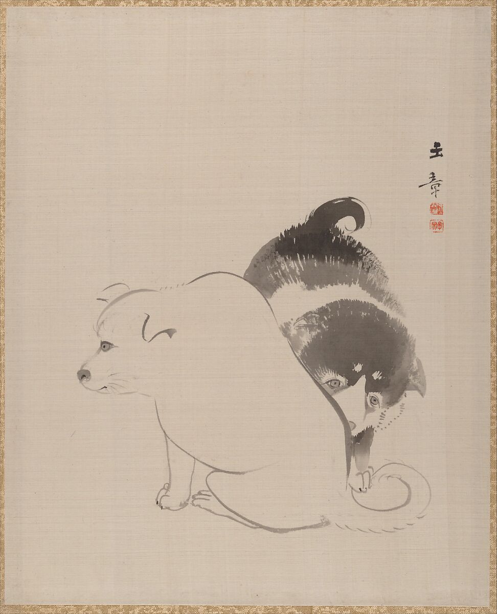 A Pair of Puppies, Kawabata Gyokushō (Japanese, 1842–1913), Album leaf; ink on silk, Japan 