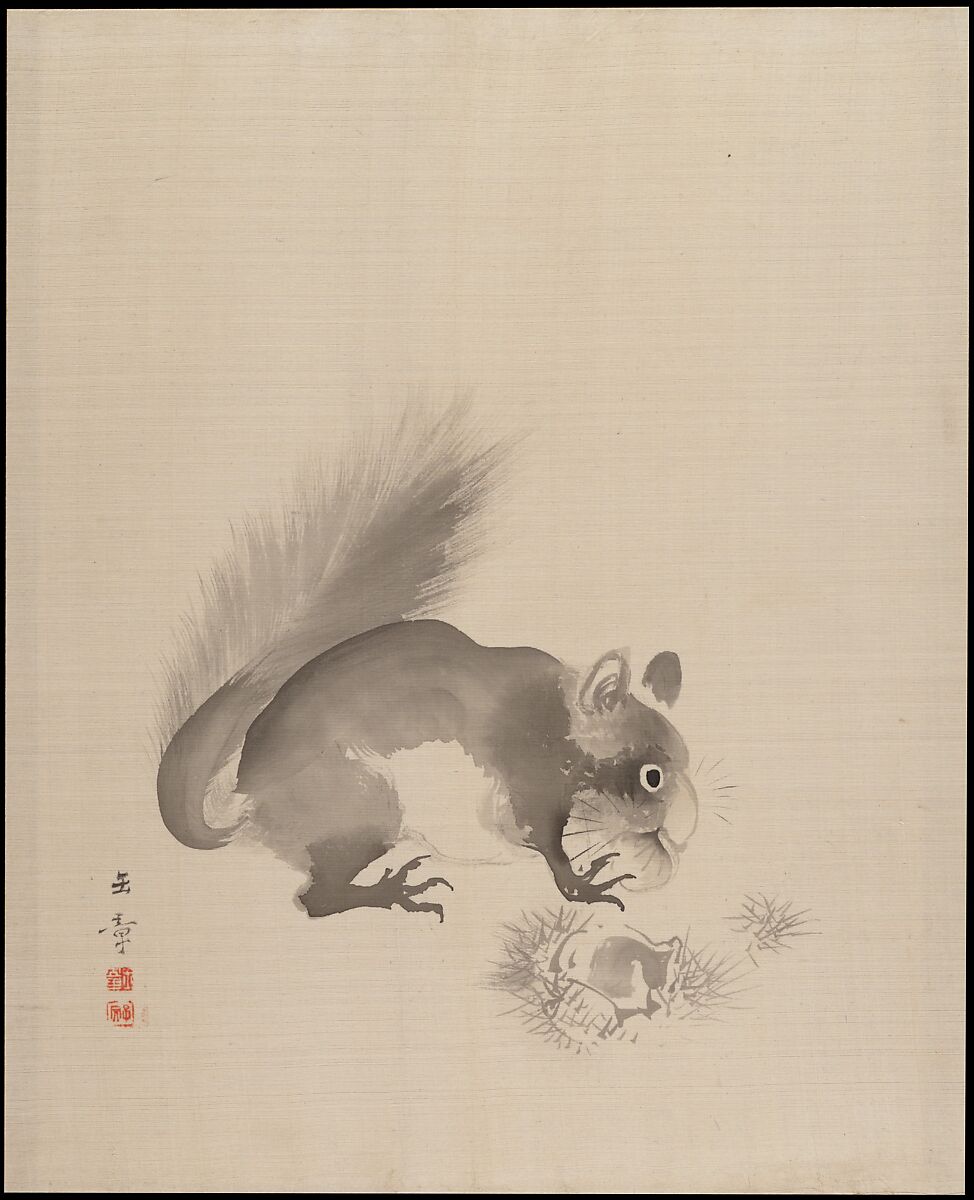 Squirrel Eating Chestnuts, Kawabata Gyokushō (Japanese, 1842–1913), Album leaf; ink on silk, Japan 