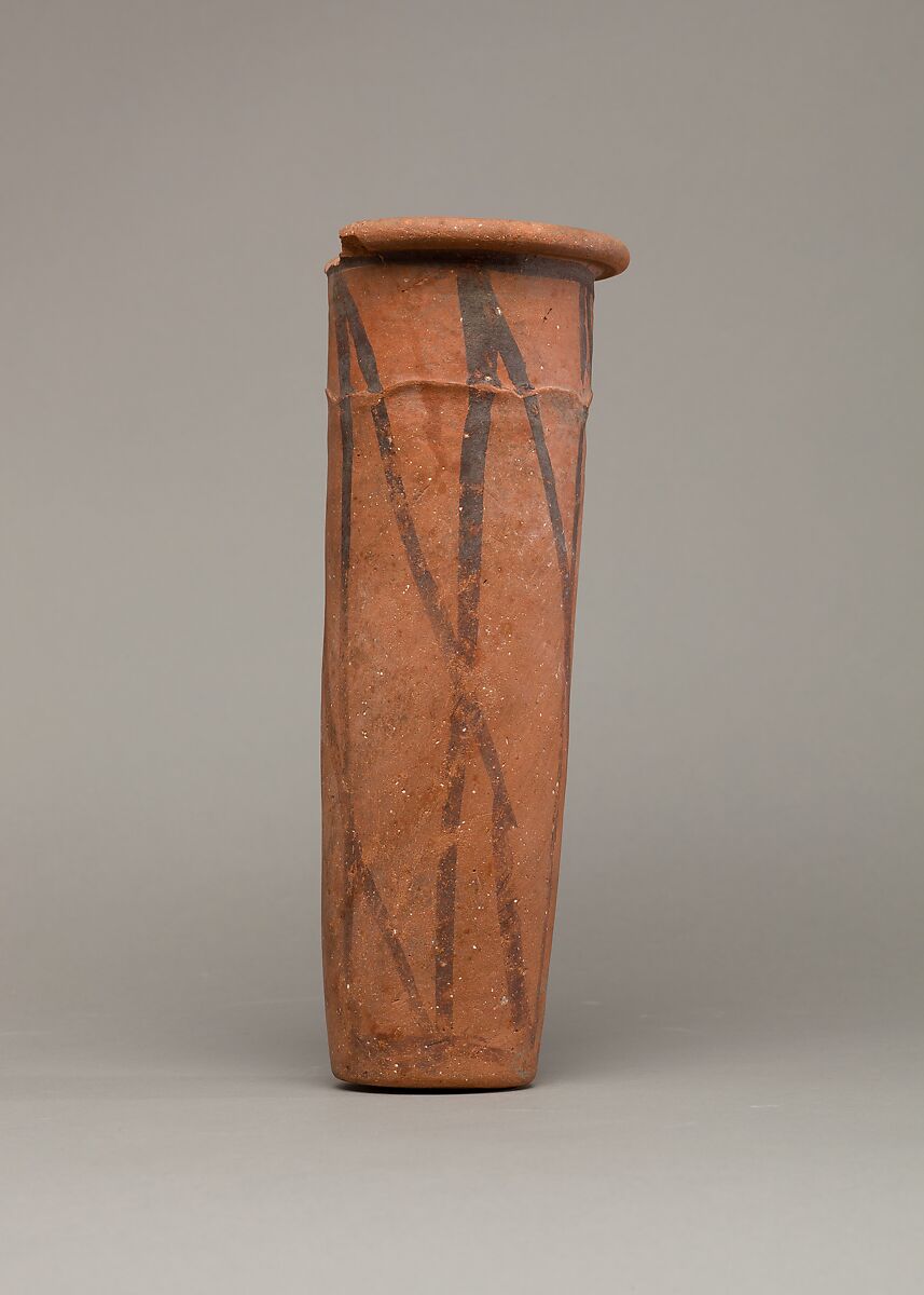 Wavy-handled jar with cross-hatched design, Pottery, paint