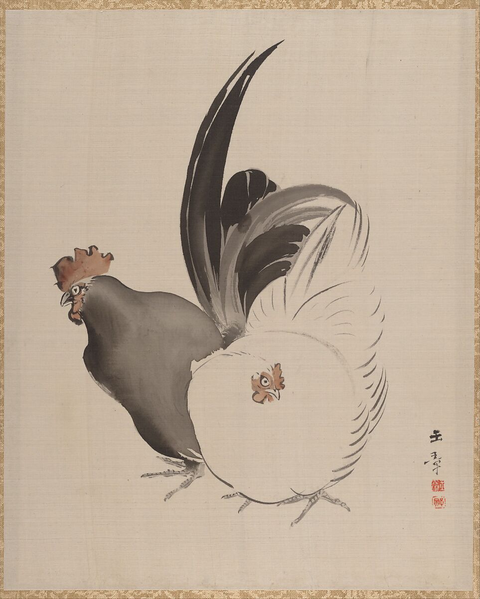 Cock and Hen, Kawabata Gyokushō (Japanese, 1842–1913), Album leaf; silk, Japan 