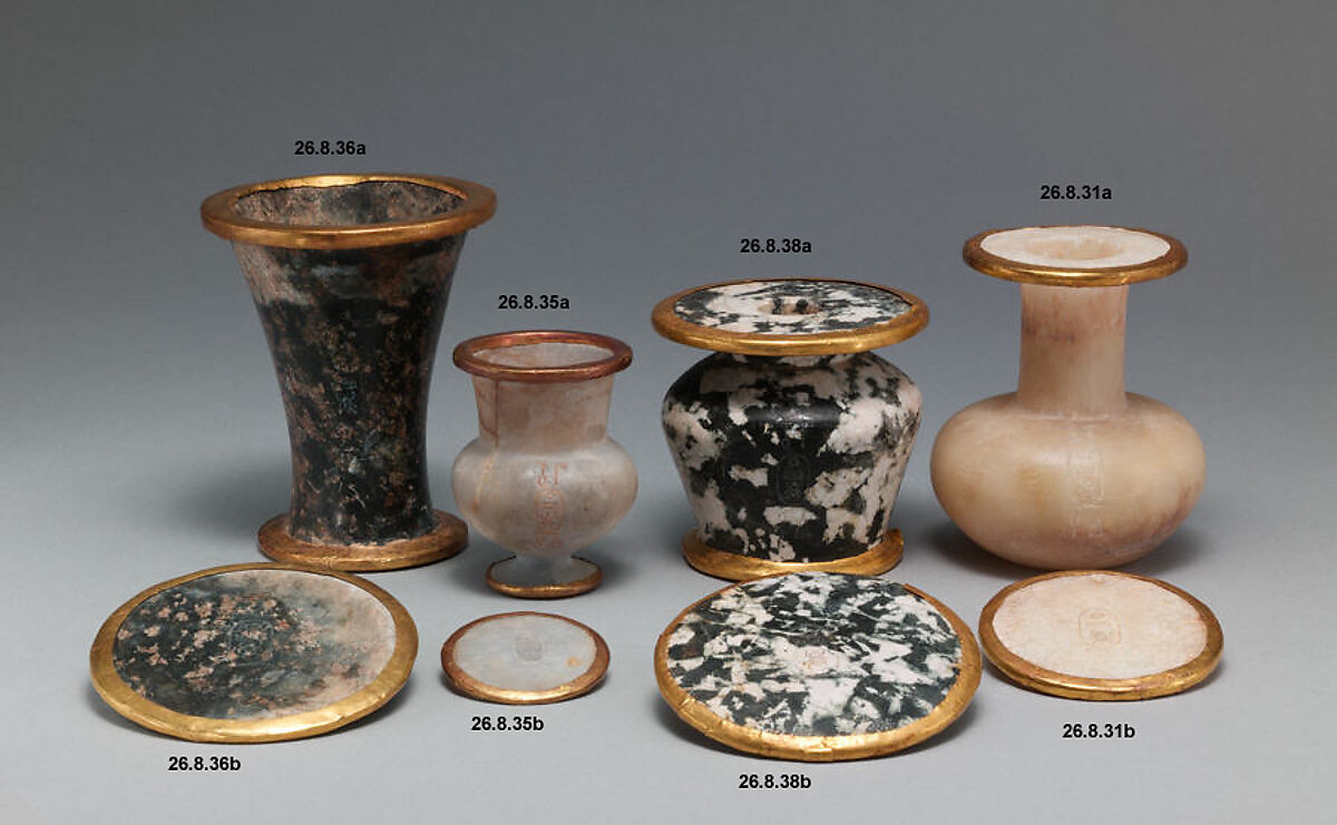 Bottle and lid naming Thutmose III, Homogenous travertine (Egyptian alabaster); gold leaf on edges of lip and lid