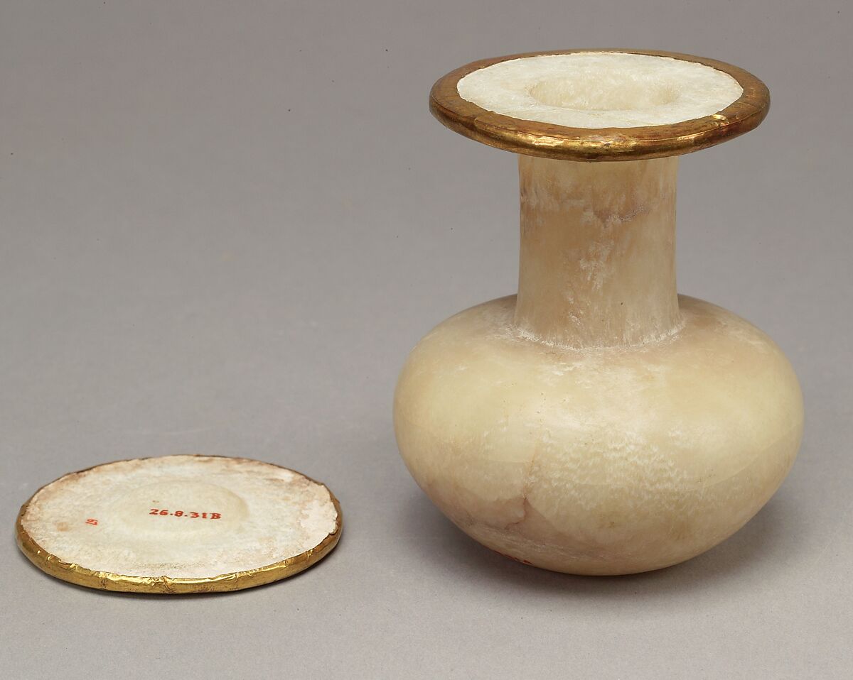 Bottle and lid naming Thutmose III, Homogenous travertine (Egyptian alabaster); gold leaf on edges of lip and lid