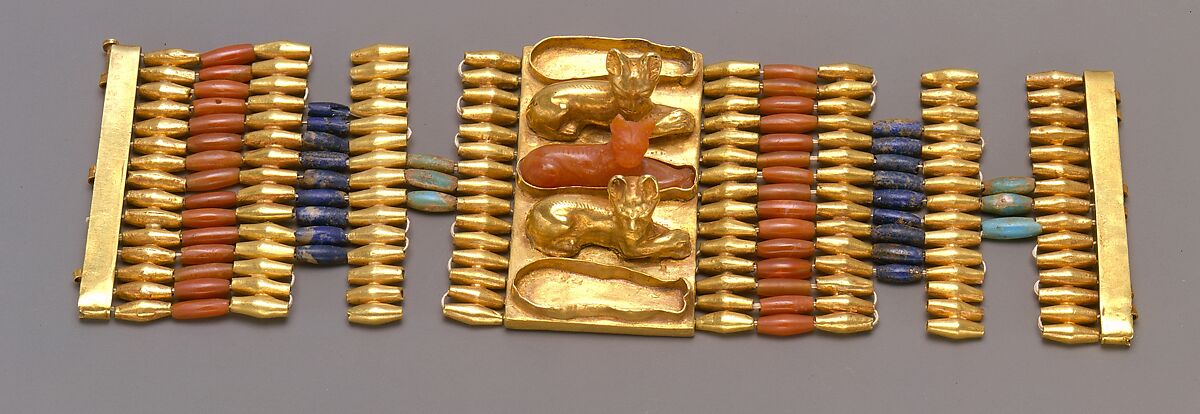 Cuff  Bracelets Decorated with Cats, Gold, carnelian, lapis-lazuli, turquoise glass 